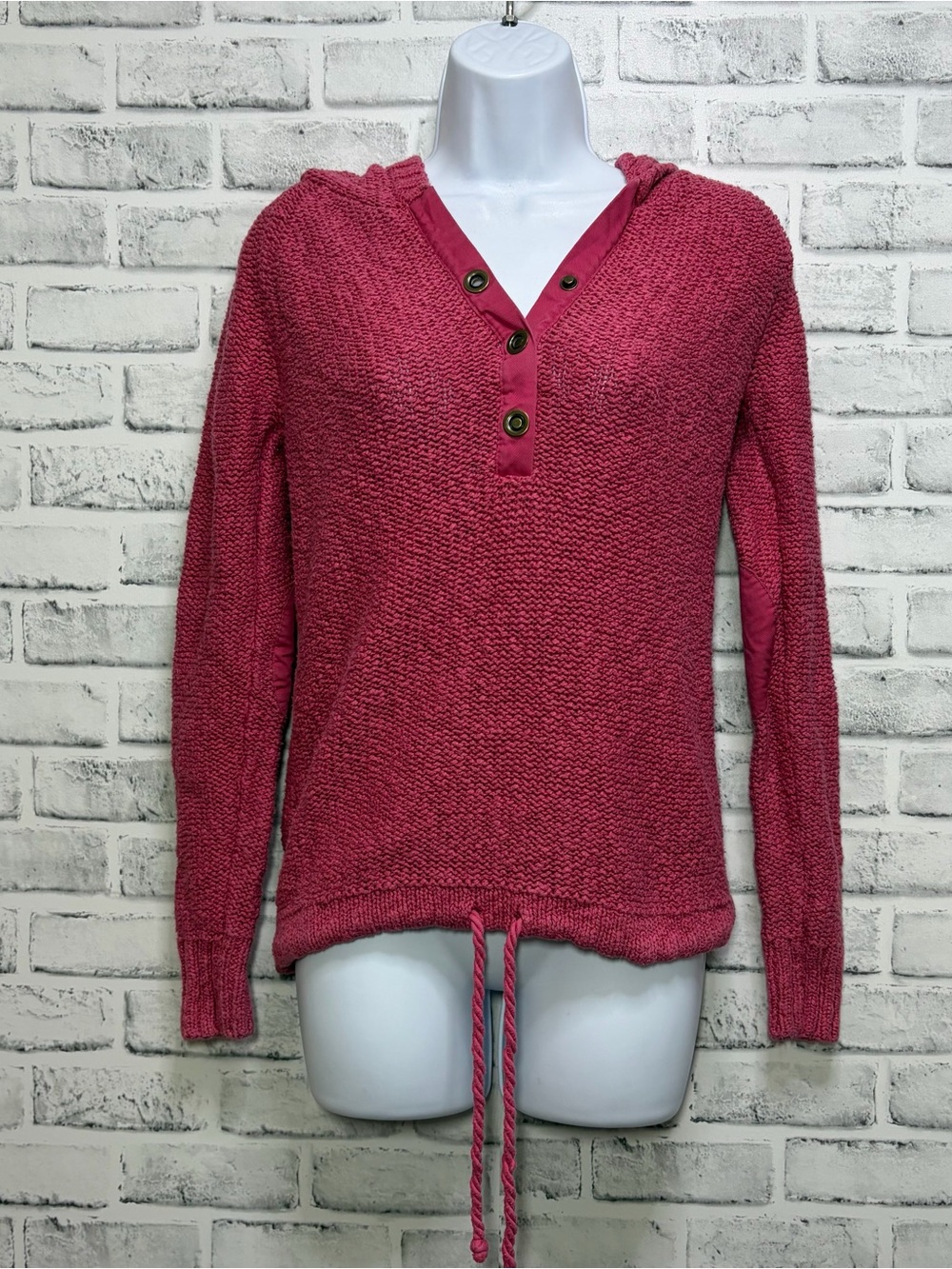Old Navy Pink Hooded Elbow Patch Henley Drawstring Hem Pullover Sweater Small
